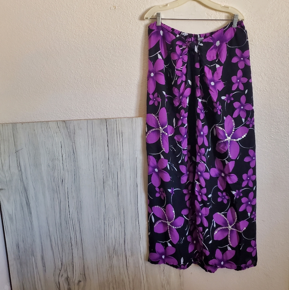 Frangipani Beach Fiji Purple Black Sequin  Sarong Cover-up Skirt Size XXL